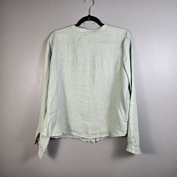Isaac Mizrahi 100% LINEN Women's Large Button Down Shirt Sage Roll Tab Sleeve - Picture 2 of 6